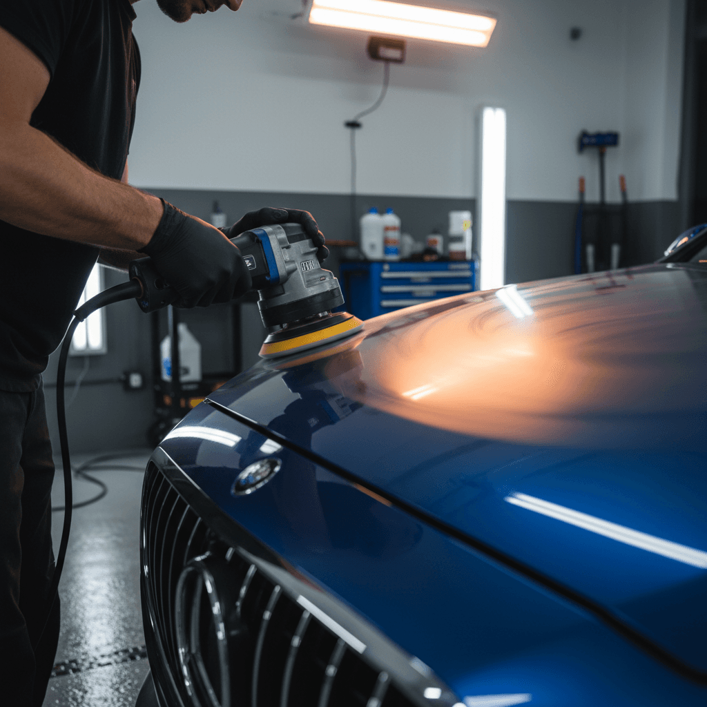A professional automotive photography aesthetic with rich, saturated colors and dramatic side-lighting.