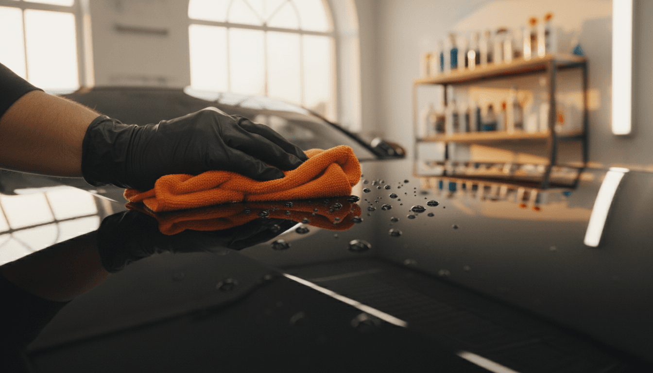 Professional hand polishing a vehicle with microfiber cloth in detailing bay