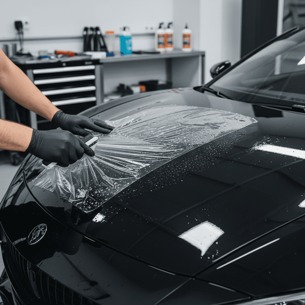 Professional installer's hands carefully applying clear paint protection film to vehicle hood in well-lit workshop
