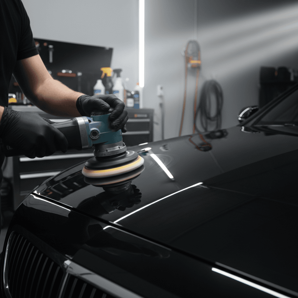 Professional automotive detailing technician polishing a vehicle under studio lighting