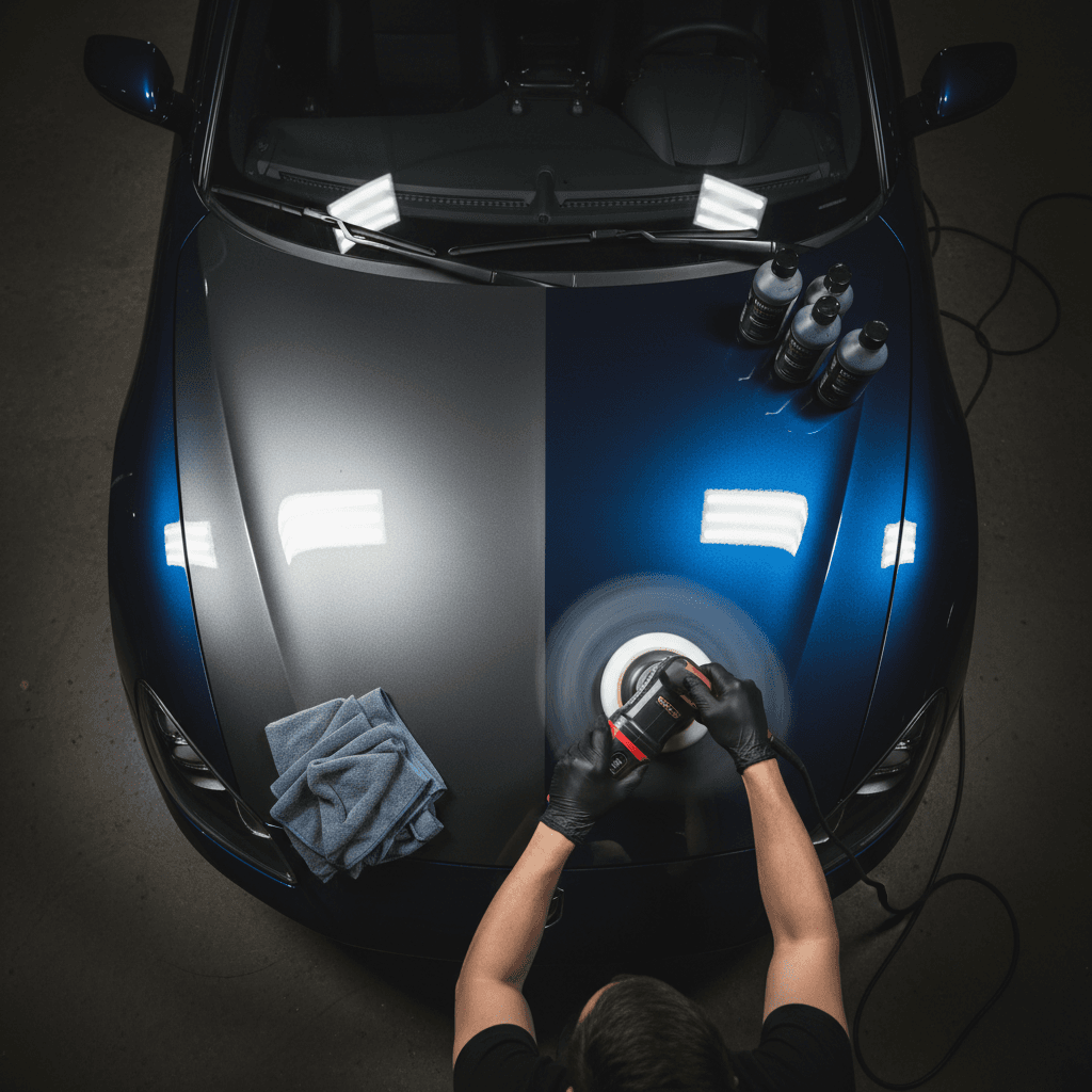 Overhead view of detailer using dual-action polisher on car hood showing paint correction technique