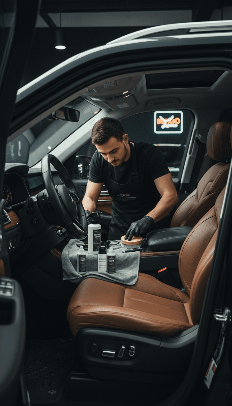 Detailer conditioning and restoring leather upholstery inside luxury vehicle interior with professional care products