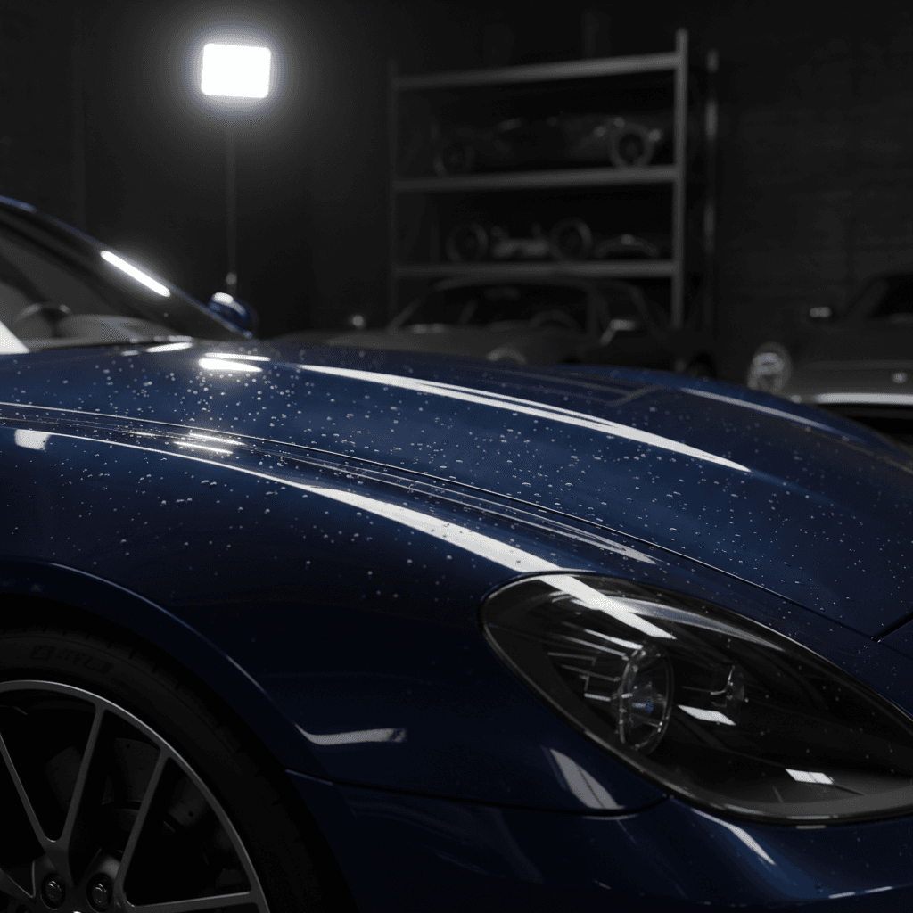 Professional automotive detailing technician polishing a luxury vehicle in a dedicated detailing bay